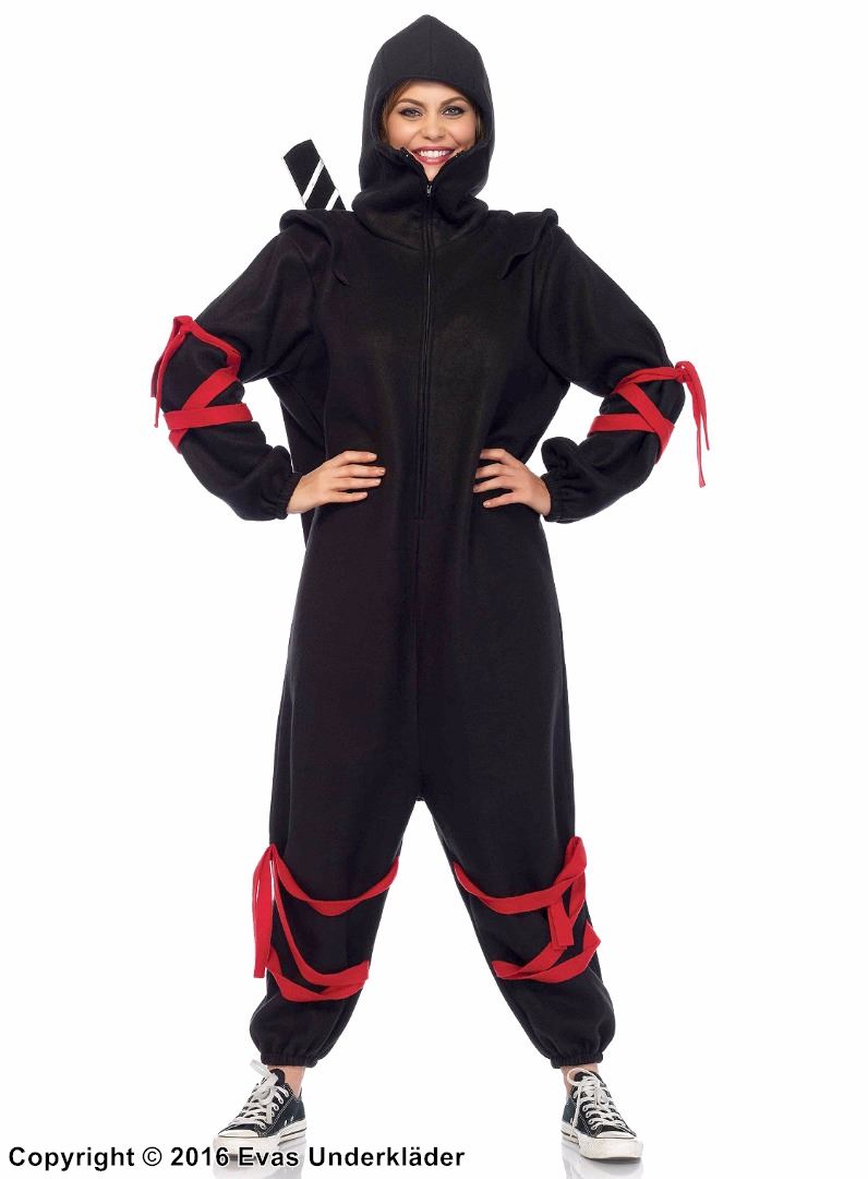 Female ninja (aka kunoichi), costume kigurumi jumpsuit, hood, front zipper, straps